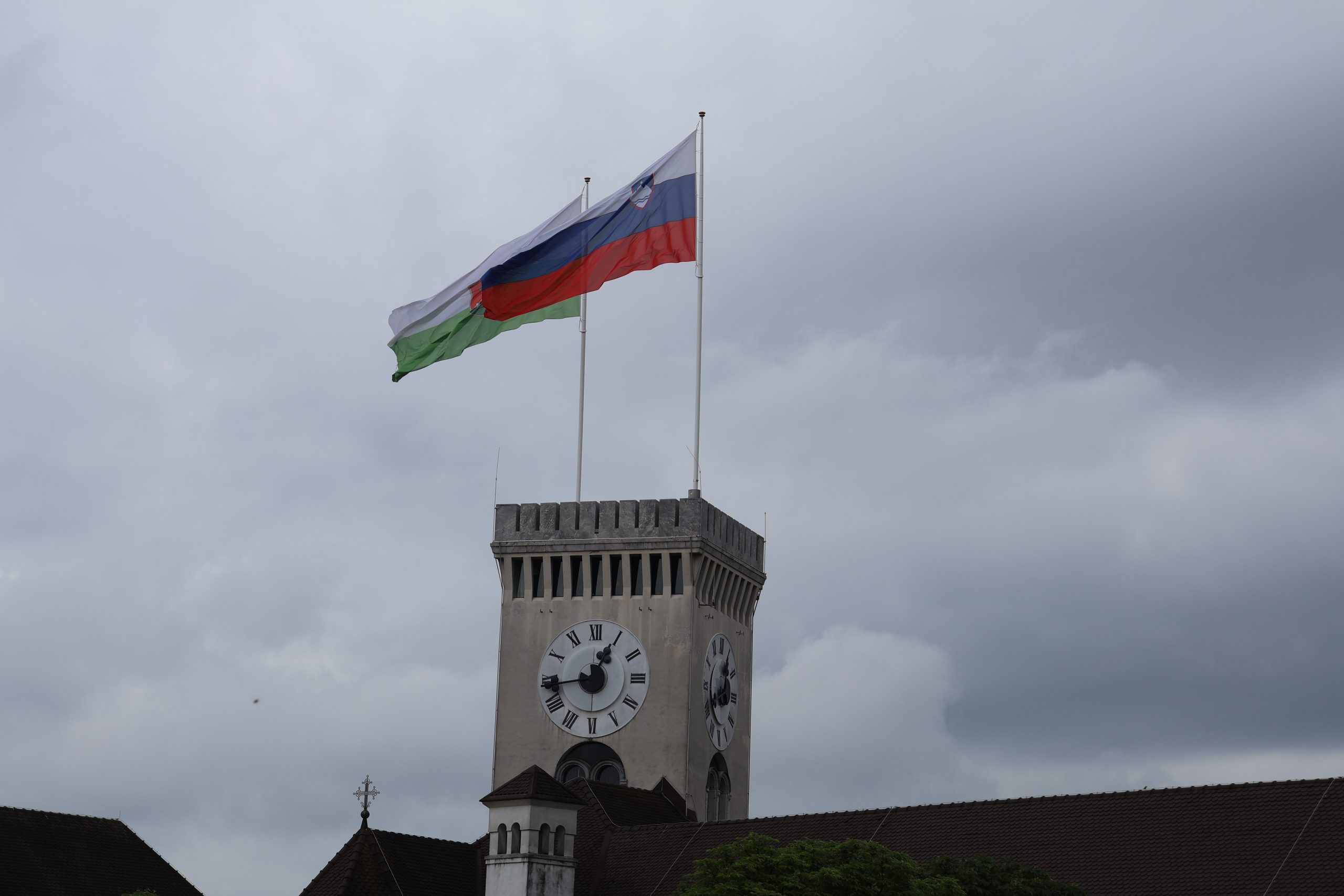 The Ljubljana city flag flying at Ljubljana Castle.
