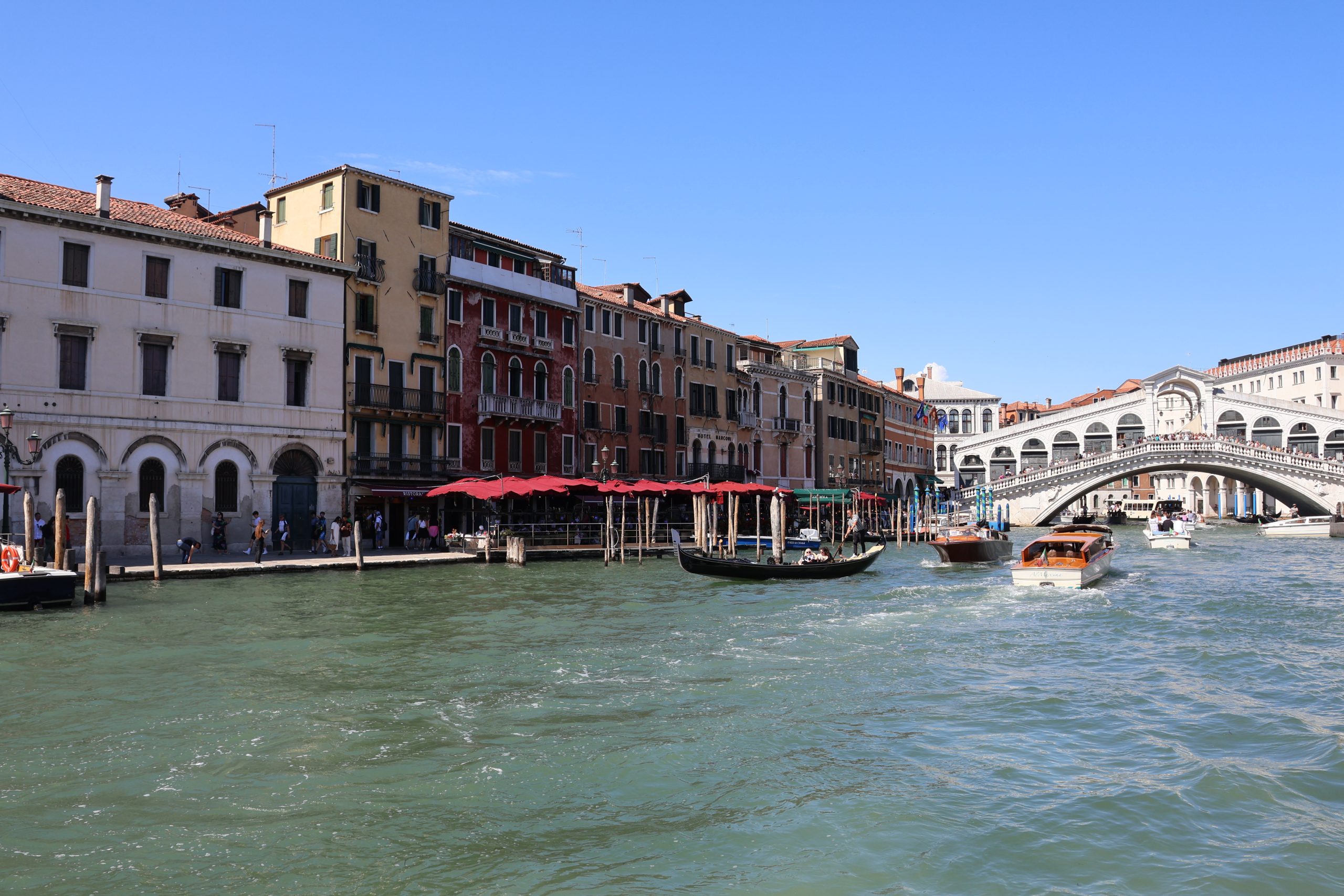 The Rialto Bridge spanning the Grand Canal in Venice.
