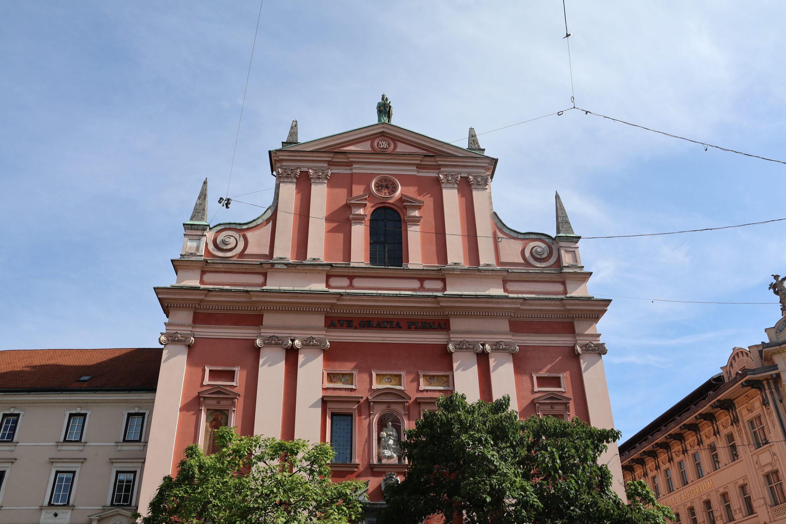The exterior of the Franciscan Church of the Annunciation in Ljubljana.