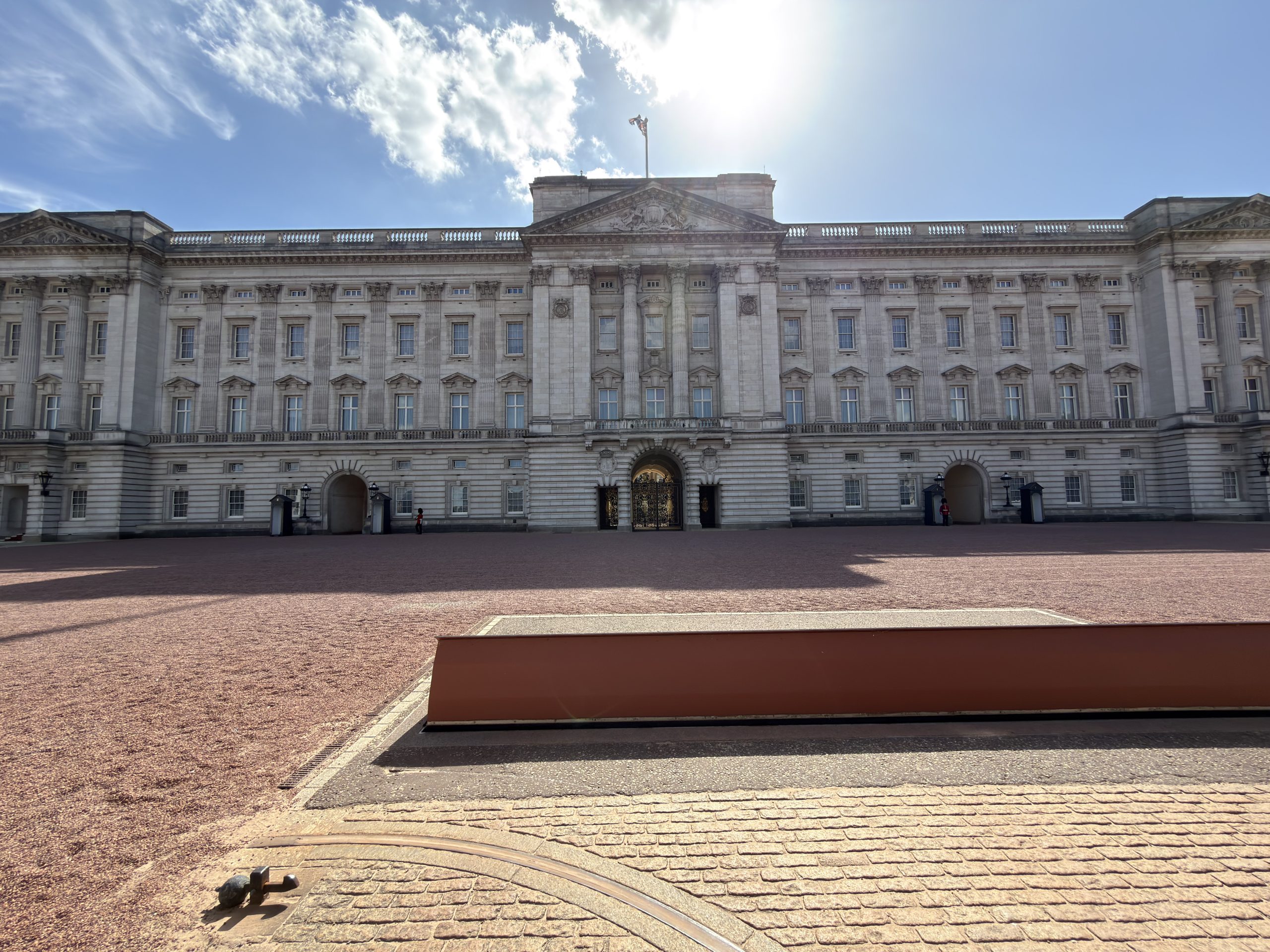 The front façade of Buckingham Palace in London.